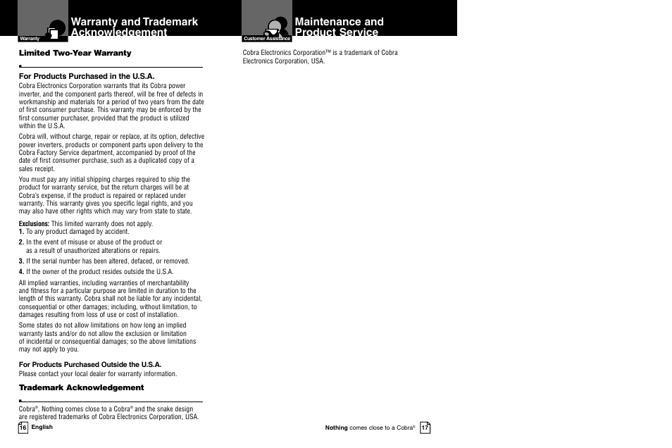 Warranty and trademark acknowledgement, Maintenance and product service | Cobra Electronics CPI 850 User Manual | Page 11 / 11