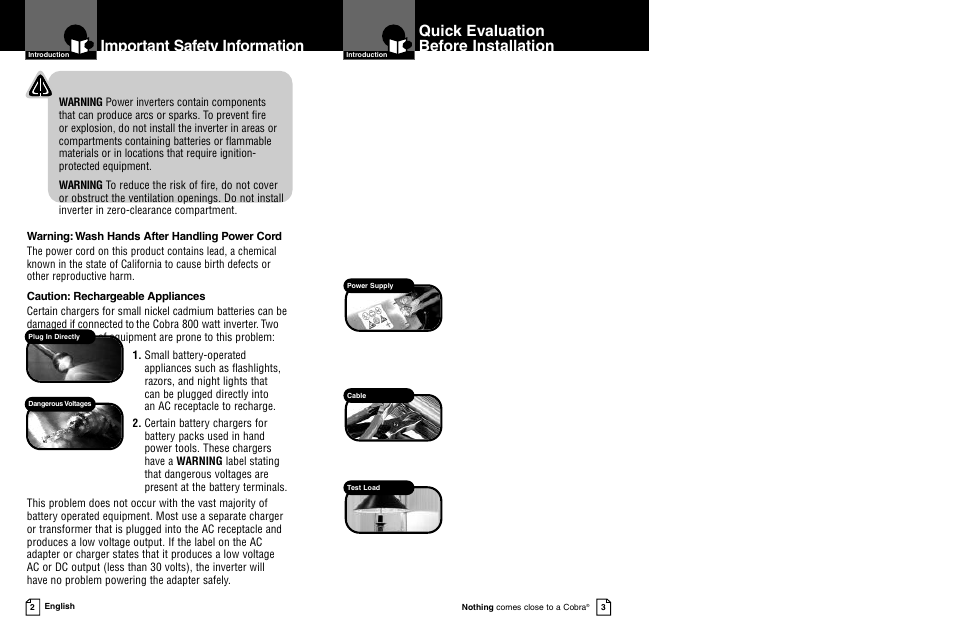 Important safety information, Quick evaluation before installation | Cobra Electronics CPI 850 User Manual | Page 4 / 11