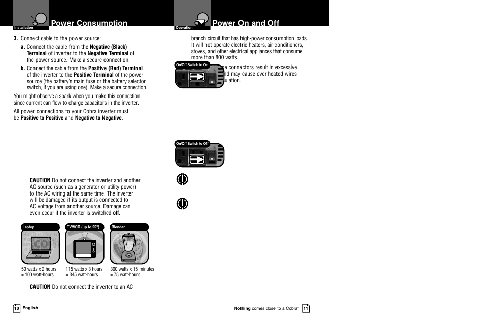 Power consumption, Power on and off | Cobra Electronics CPI 850 User Manual | Page 8 / 11