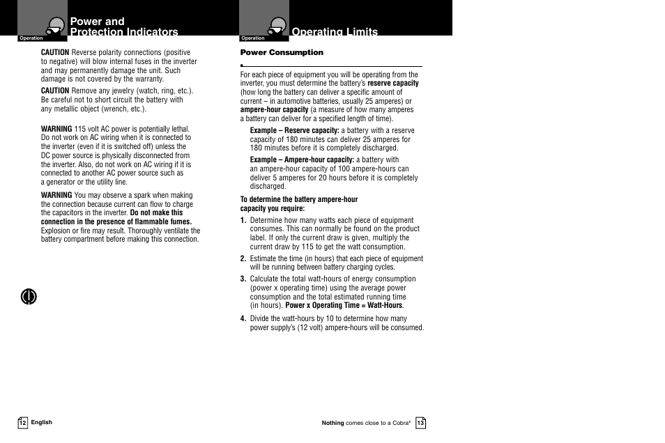 Power and protection indicators, Operating limits | Cobra Electronics CPI 850 User Manual | Page 9 / 11