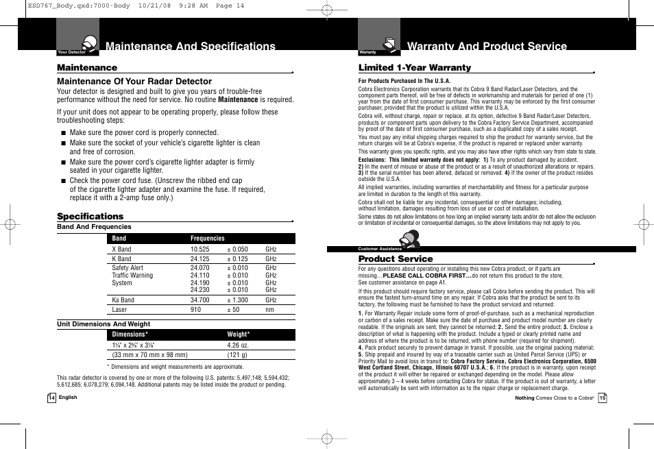 Warranty and product service, Maintenance and specifications, Maintenance | Maintenance of your radar detector, Specifications, Limited 1-year warranty, Product service | Cobra Electronics 9 BAND ESD 767 User Manual | Page 10 / 11