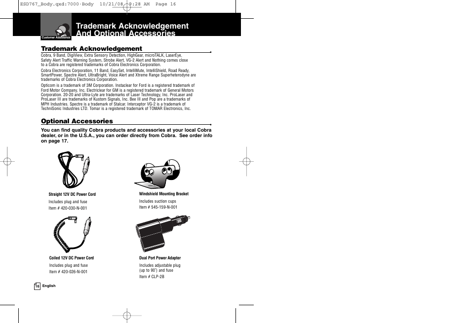 Trademark acknowledgement and optional accessories, Optional accessories, Trademark acknowledgement | Cobra Electronics 9 BAND ESD 767 User Manual | Page 11 / 11