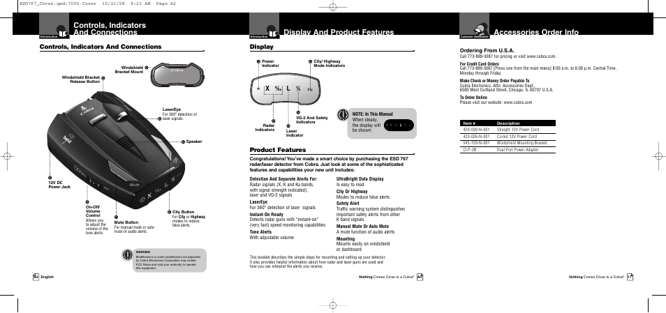 Accessories order info, Display and product features, Controls, indicators and connections | Product features, Display | Cobra Electronics 9 BAND ESD 767 User Manual | Page 2 / 11