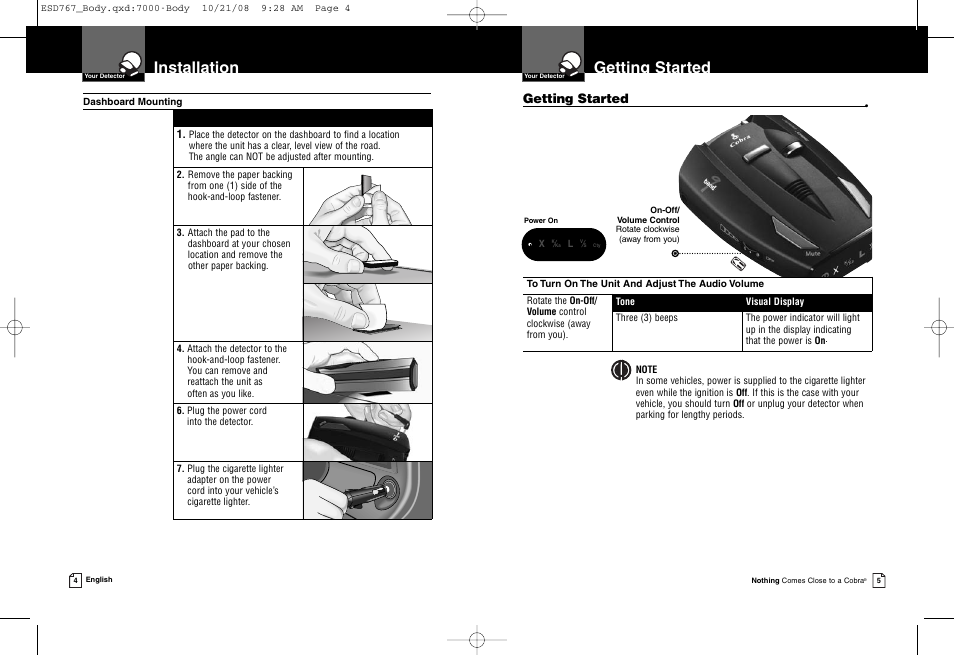 Getting started, Installation | Cobra Electronics 9 BAND ESD 767 User Manual | Page 5 / 11