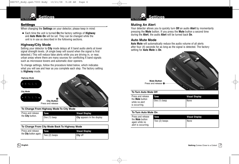 Settings, Highway/city mode, Muting an alert | Auto mute mode | Cobra Electronics 9 BAND ESD 767 User Manual | Page 6 / 11