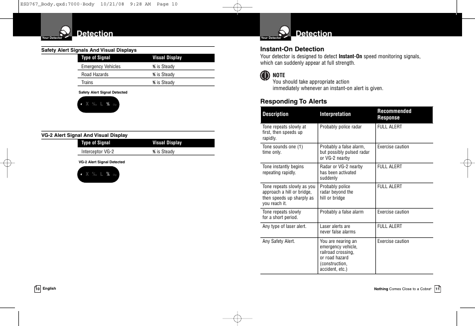 Detection, Instant-on detection, Responding to alerts | Cobra Electronics 9 BAND ESD 767 User Manual | Page 8 / 11