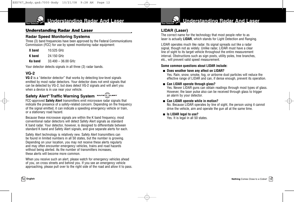 Understanding radar and laser | Cobra Electronics 9 BAND ESD 767 User Manual | Page 9 / 11