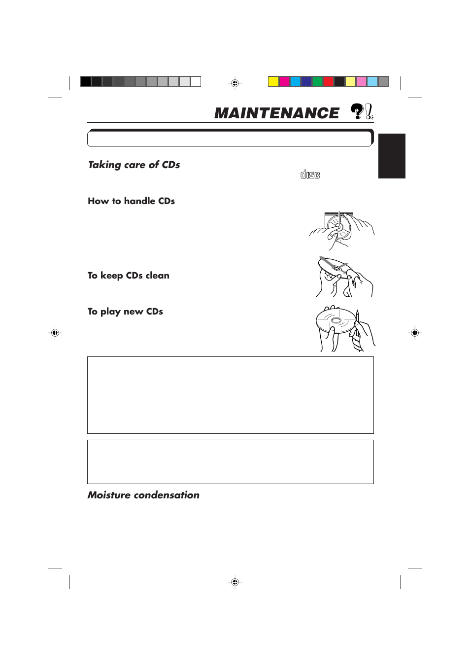 Maintenance, Handling discs, Moisture condensation | Taking care of cds | JVC KD-SX855R User Manual | Page 35 / 38