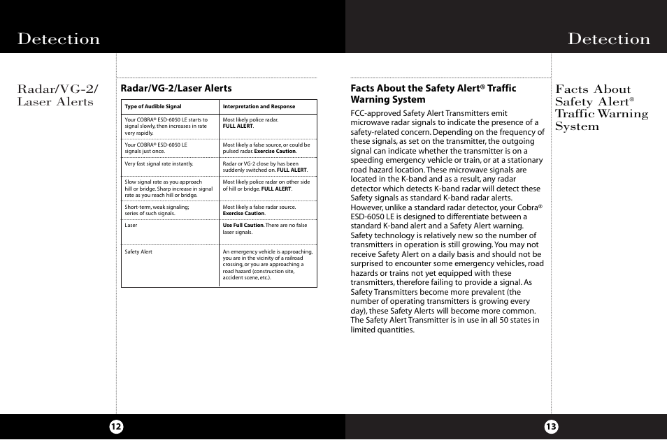 Detection, Radar/vg-2/ laser alerts, Facts about safety alert | Traffic warning system, Radar/vg-2/laser alerts | Cobra Electronics ESD-6050 User Manual | Page 10 / 14