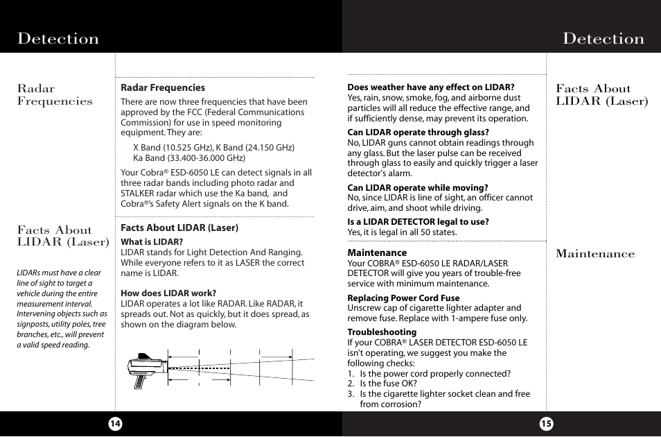 Detection, Radar frequencies facts about lidar (laser), Maintenance facts about lidar (laser) | Radar frequencies, Facts about lidar (laser), Maintenance | Cobra Electronics ESD-6050 User Manual | Page 11 / 14
