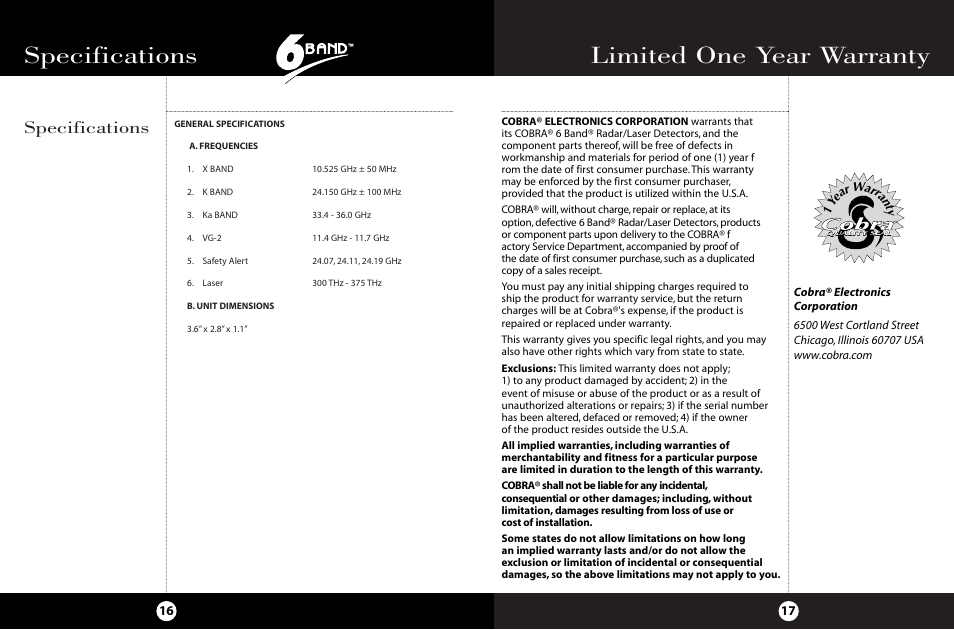 Limited one year warranty, Specifications | Cobra Electronics ESD-6050 User Manual | Page 12 / 14