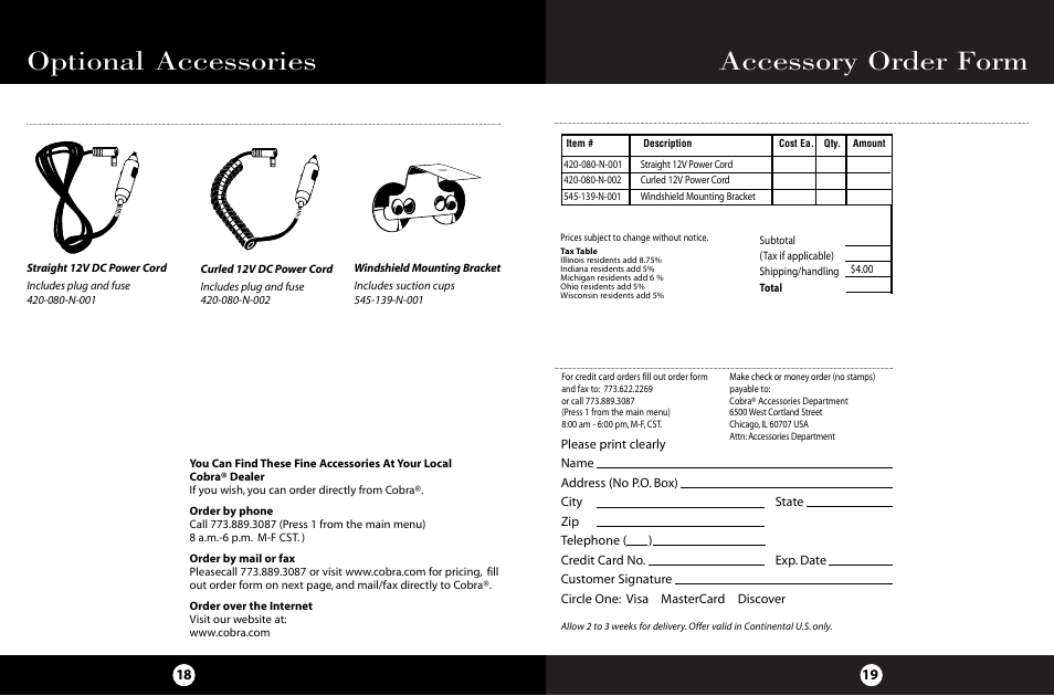 Accessory order form, Optional accessories | Cobra Electronics ESD-6050 User Manual | Page 13 / 14