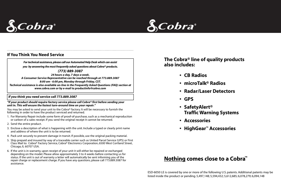 Nothing comes close to a cobra, Accessories | Cobra Electronics ESD-6050 User Manual | Page 14 / 14