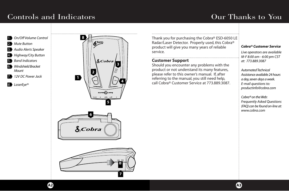 Controls and indicators | Cobra Electronics ESD-6050 User Manual | Page 3 / 14