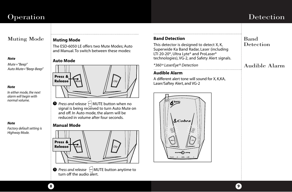 Detection, Operation, Muting mode band detection audible alarm | Cobra Electronics ESD-6050 User Manual | Page 8 / 14