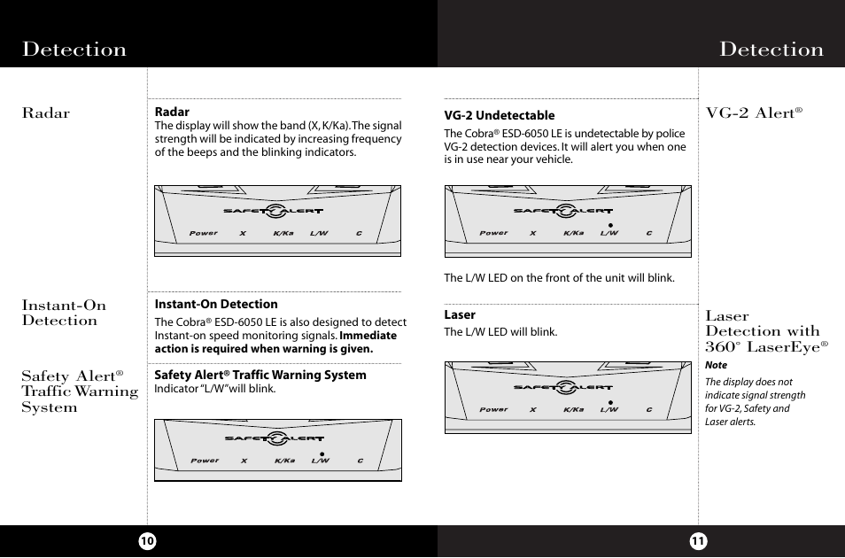 Detection, Safety alert, Traffic warning system instant-on detection radar | Vg-2 alert, Laser detection with 360˚ lasereye | Cobra Electronics ESD-6050 User Manual | Page 9 / 14