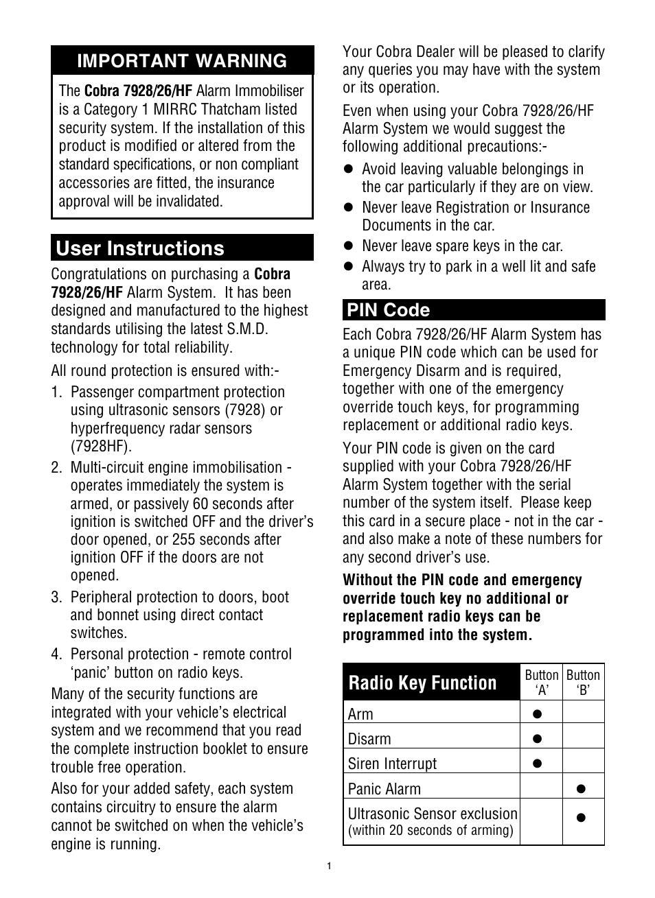 User instructions, Important warning, Pin code | Radio key function | Cobra Electronics 7928 User Manual | Page 2 / 6