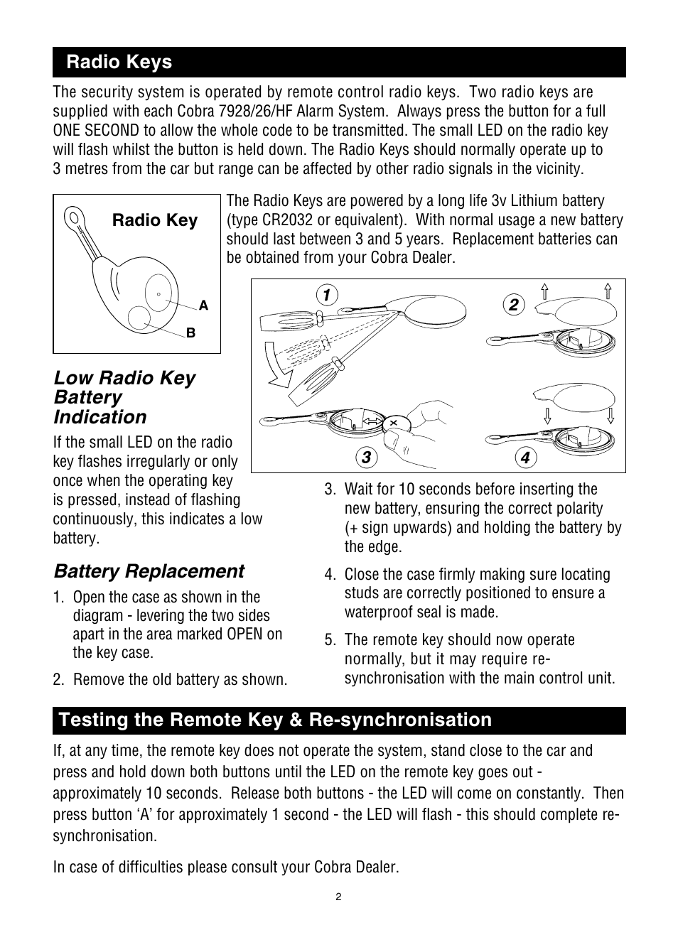 Radio keys, Low radio key battery indication, Battery replacement | Testing the remote key & re-synchronisation | Cobra Electronics 7928 User Manual | Page 3 / 6