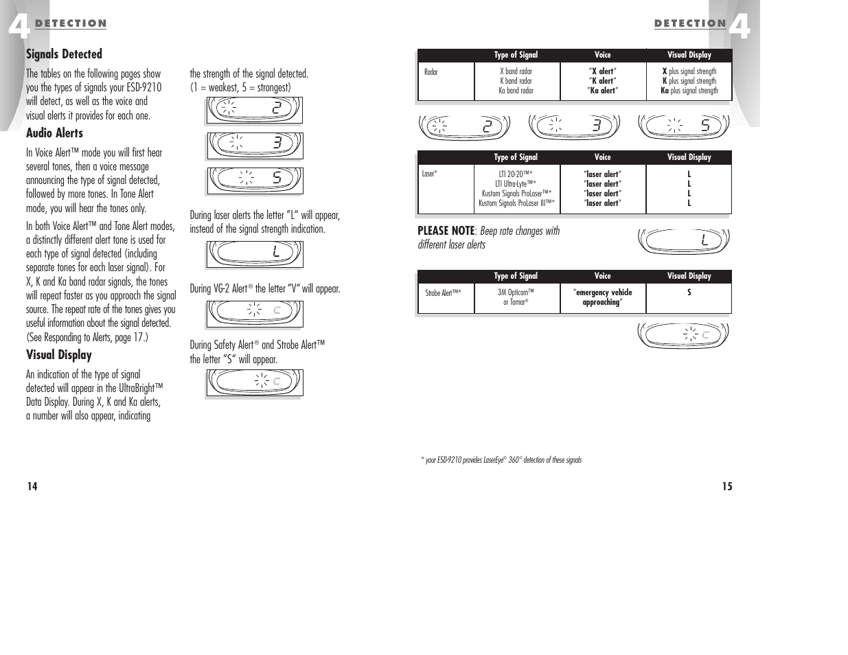 Signals detected, Audio alerts, Visual display | The letter ”v“ will appear. during safety alert, And strobe alert™ the letter ”s“ will appear | Cobra Electronics ESD-9210 User Manual | Page 10 / 16