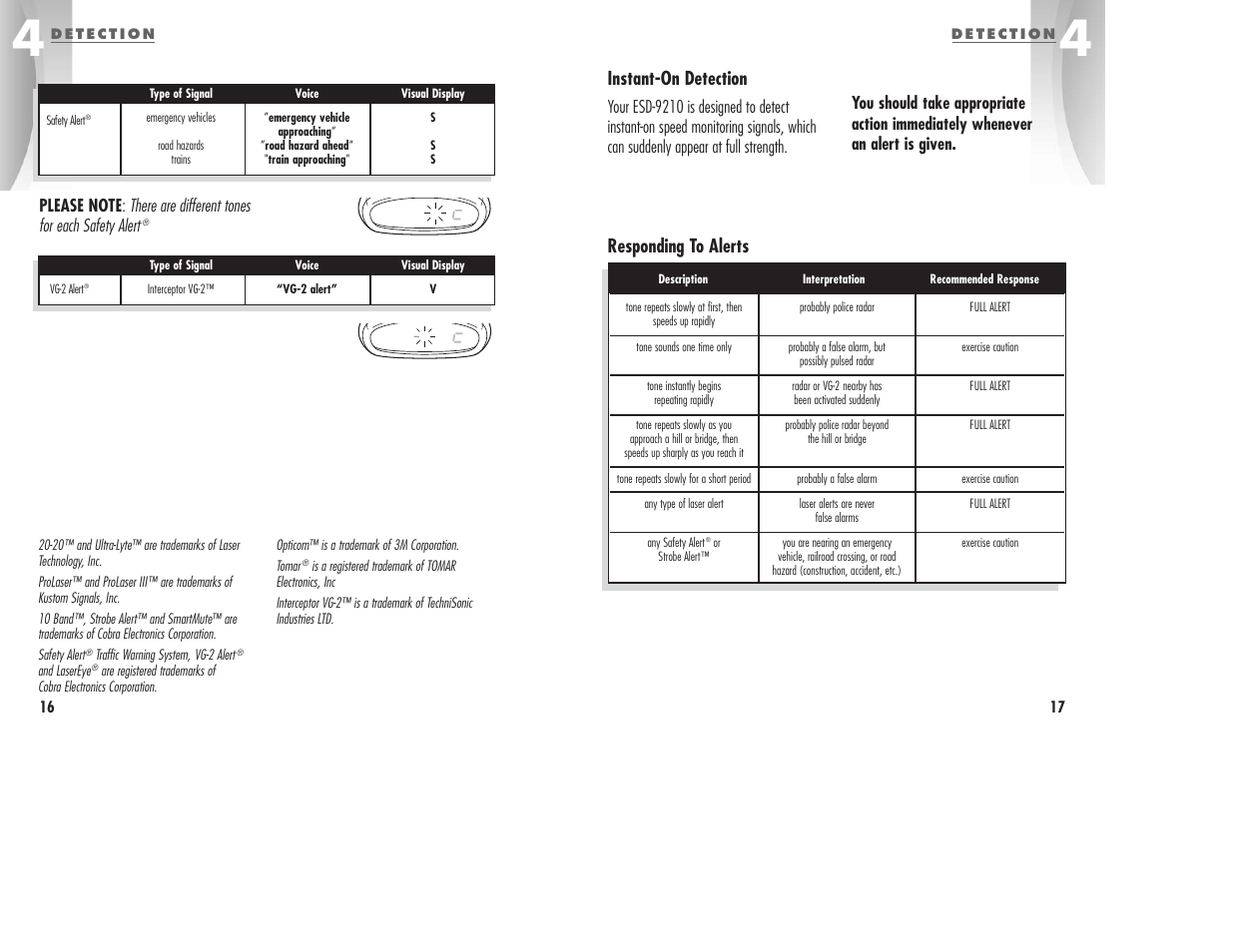 Responding to alerts instant-on detection | Cobra Electronics ESD-9210 User Manual | Page 11 / 16