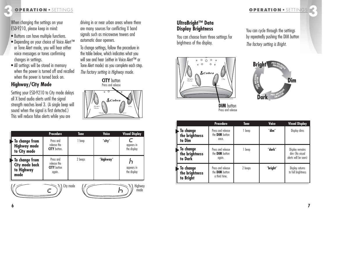 Dark bright dim, Highway/city mode, Ultrabright™ data display brightness | City button | Cobra Electronics ESD-9210 User Manual | Page 6 / 16