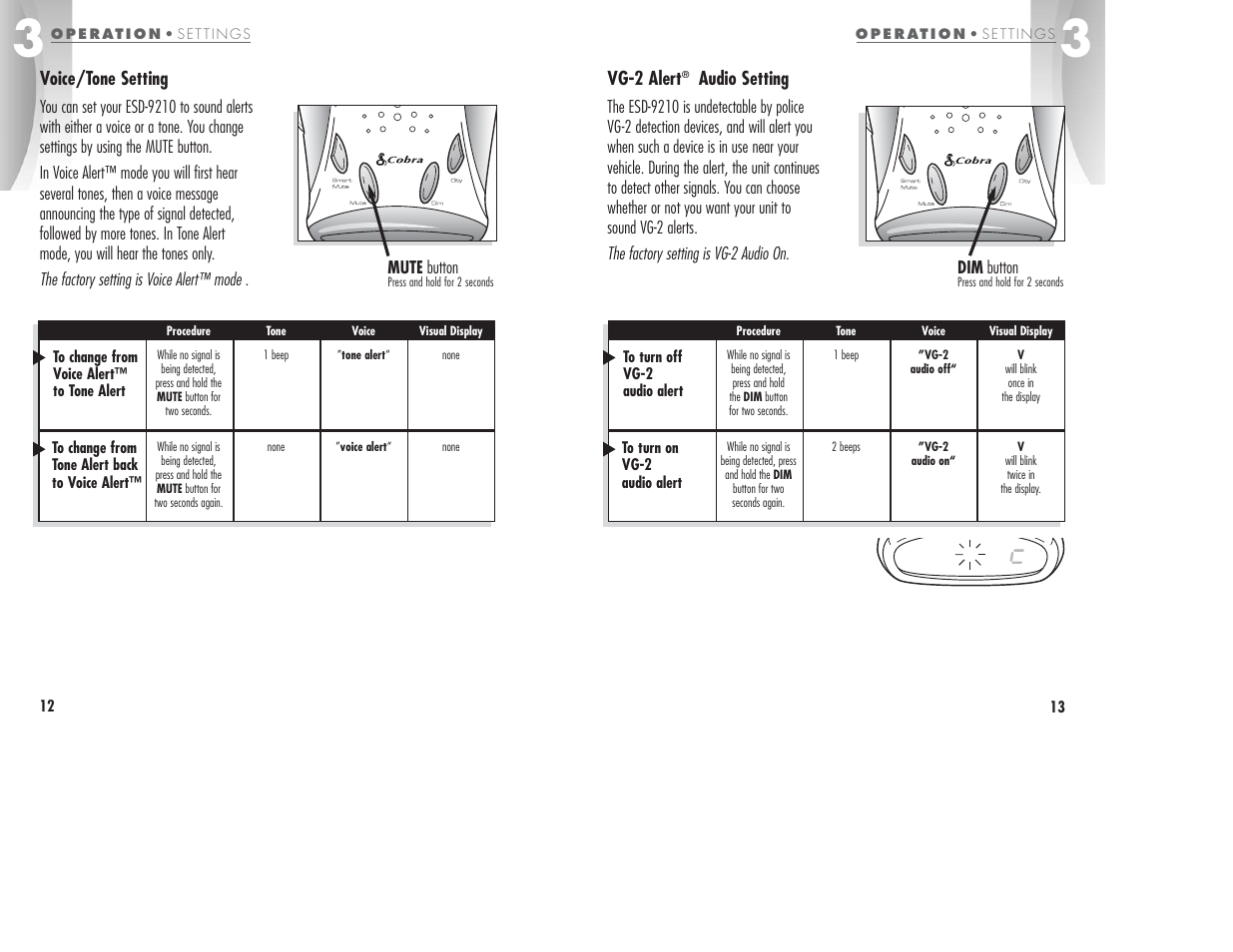 Voice/tone setting, Vg-2 alert, Audio setting | Cobra Electronics ESD-9210 User Manual | Page 9 / 16