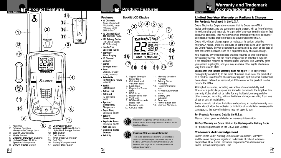 Product features, Warranty and trademark acknowledgement | Cobra Electronics LI 6500WX User Manual | Page 2 / 17