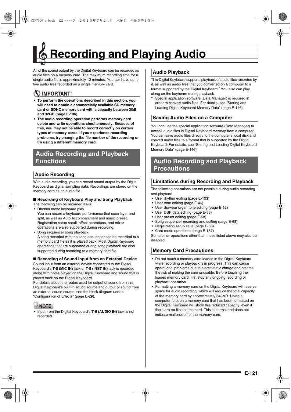 Recording and playing audio, Audio recording and playback functions, Audio recording and playback precautions | Casio WK7500E1A User Manual | Page 123 / 168