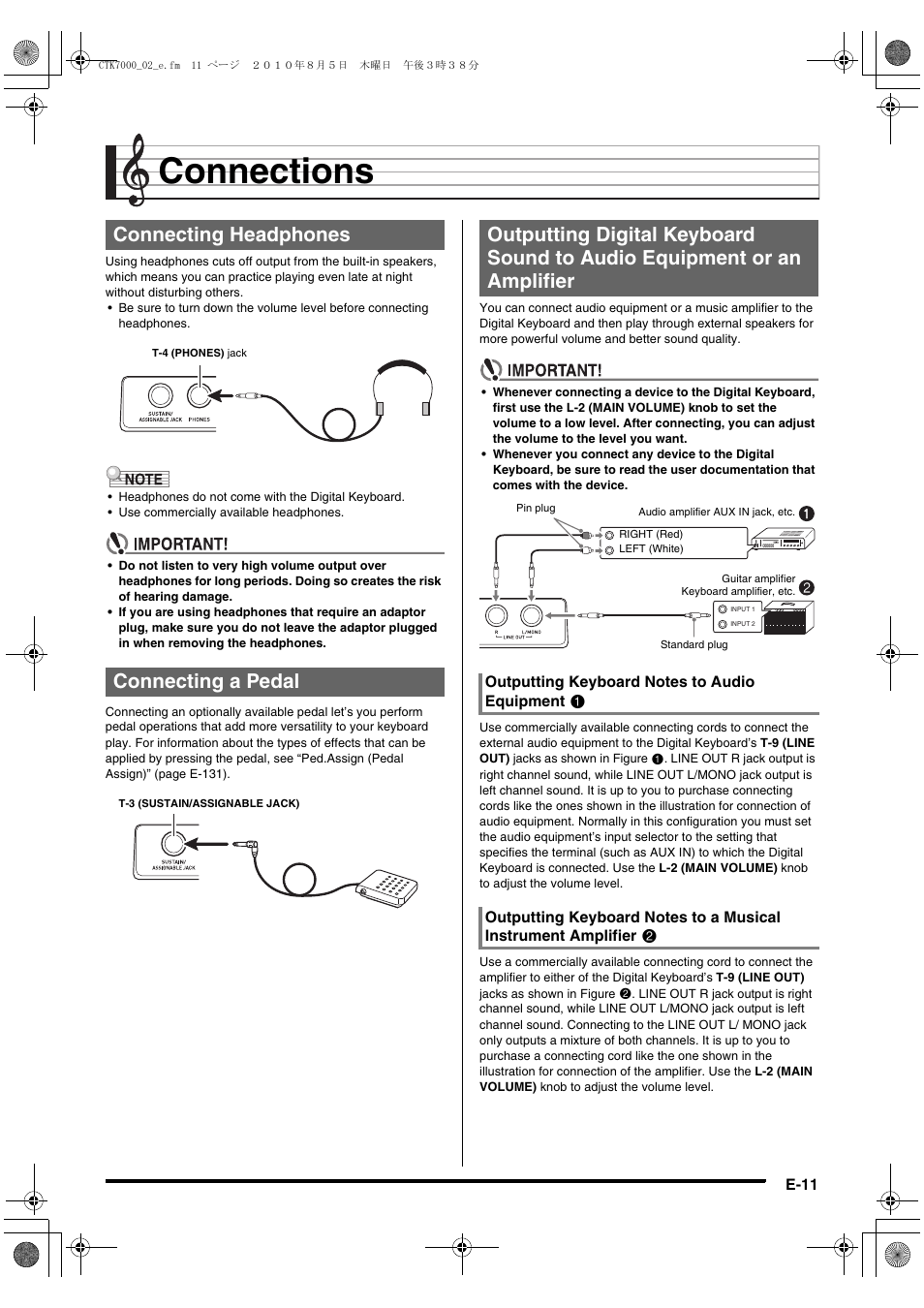 Connections, Connecting headphones connecting a pedal | Casio WK7500E1A User Manual | Page 13 / 168