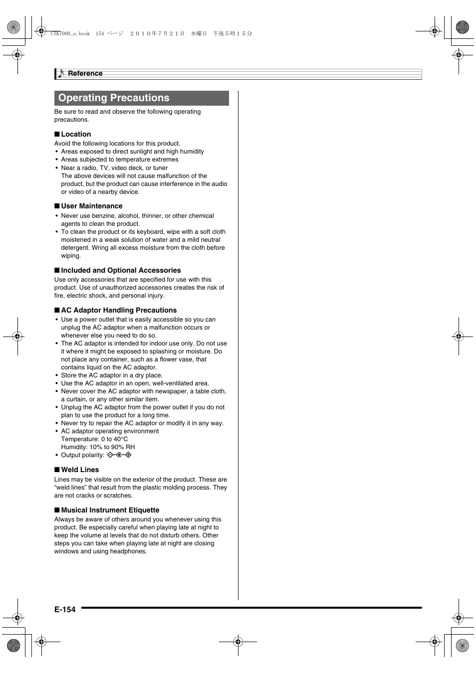 Operating precautions | Casio WK7500E1A User Manual | Page 156 / 168