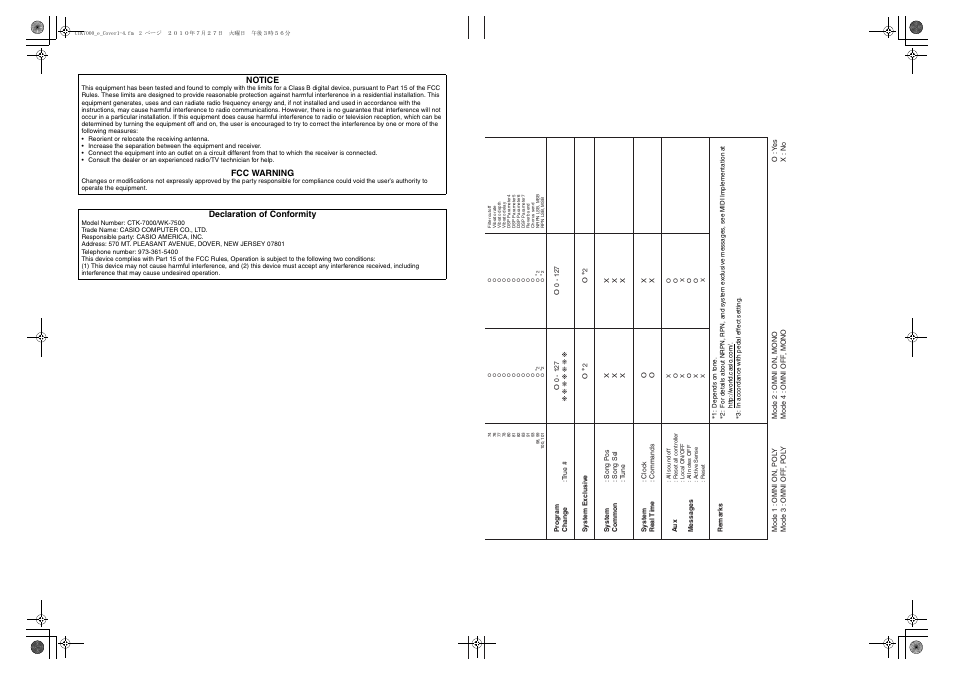 Notice, Fcc warning, Declaration of conformity | Casio WK7500E1A User Manual | Page 2 / 168