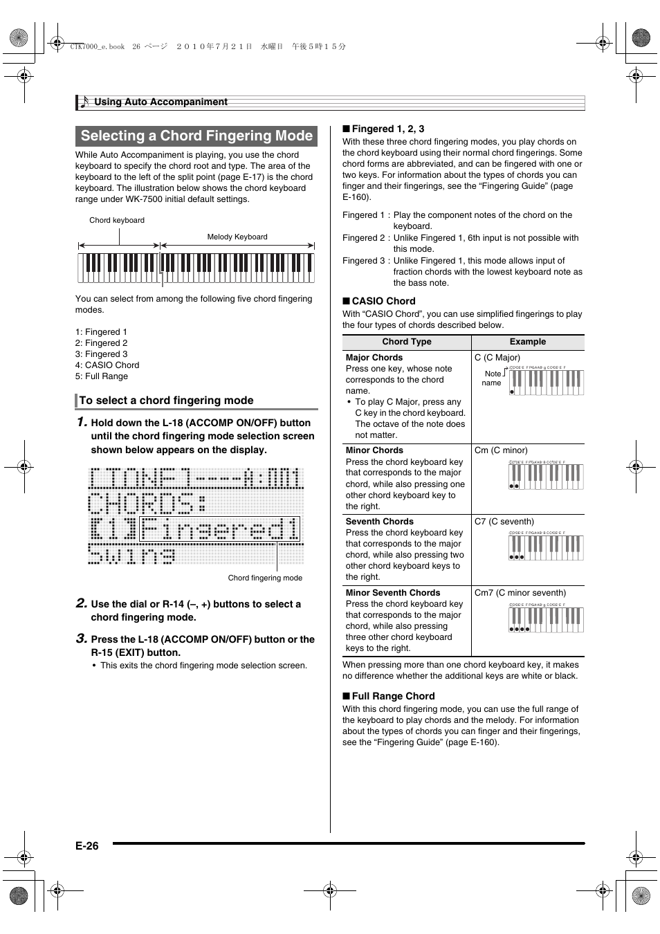Selecting a chord fingering mode, E-26, Using auto accompaniment | Fingered 1, 2, 3, Casio chord, Full range chord | Casio WK7500E1A User Manual | Page 28 / 168