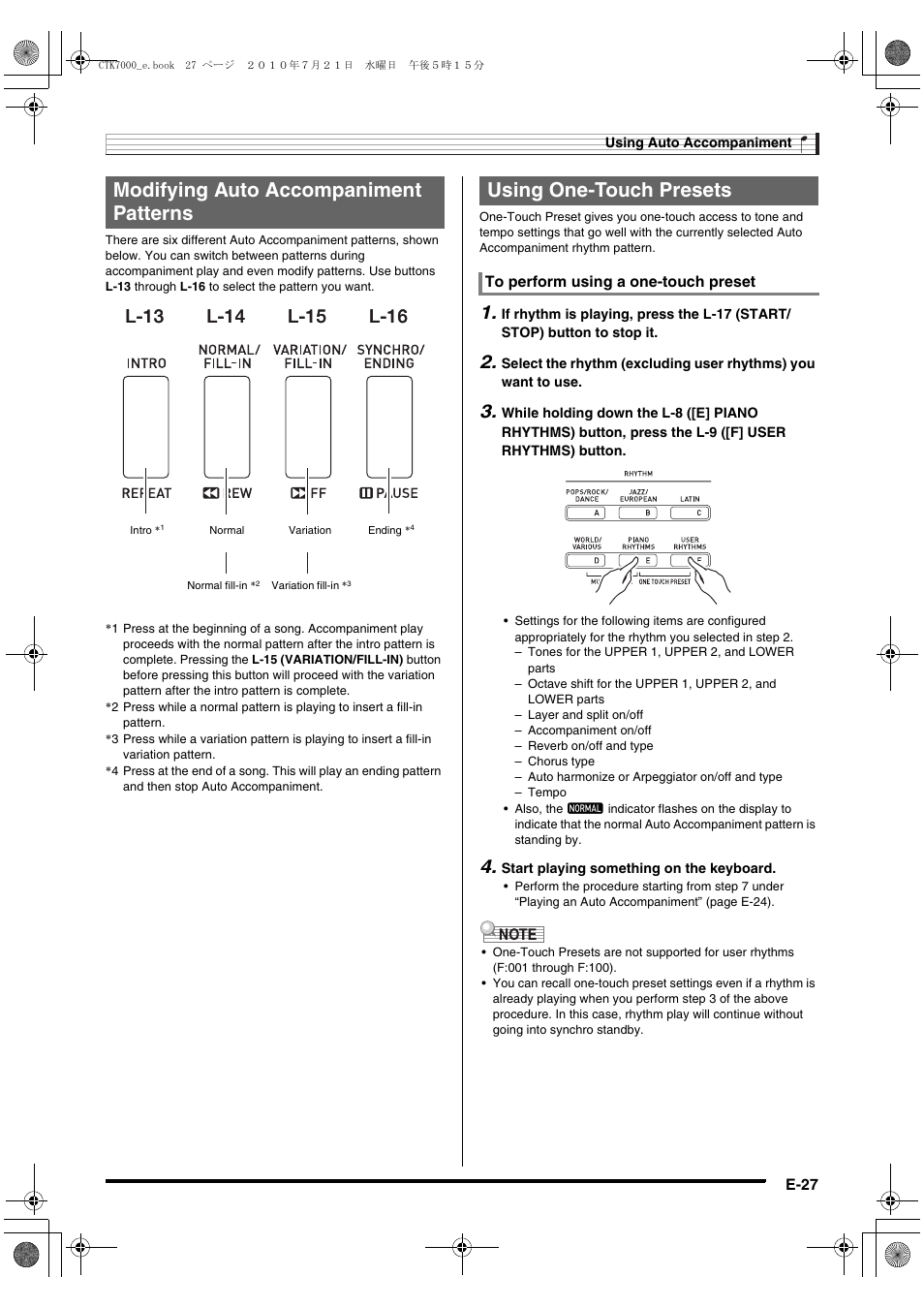 Modifying auto accompaniment patterns, Using one-touch presets, L-13 | Casio WK7500E1A User Manual | Page 29 / 168