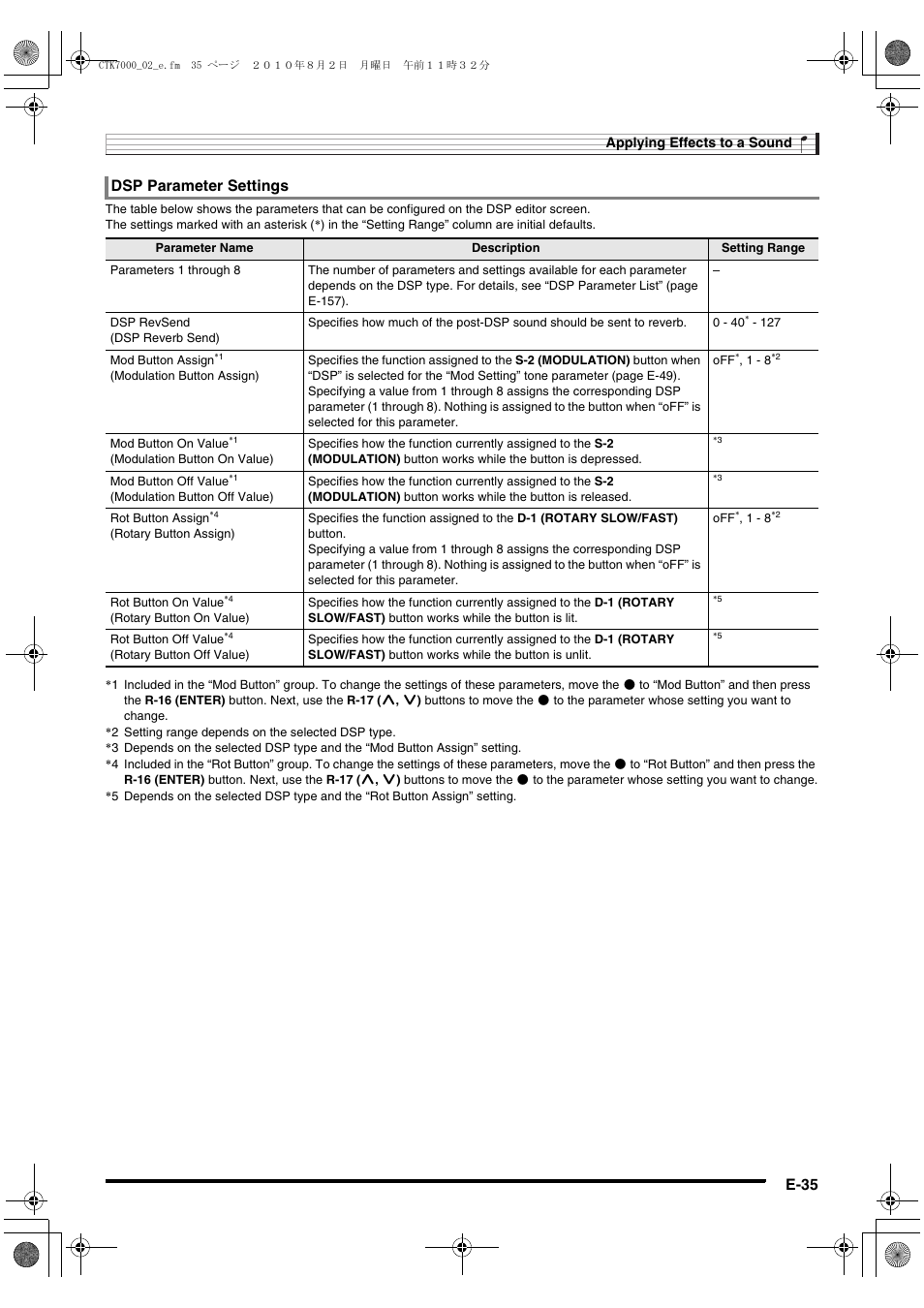 E-35, Dsp parameter settings | Casio WK7500E1A User Manual | Page 37 / 168