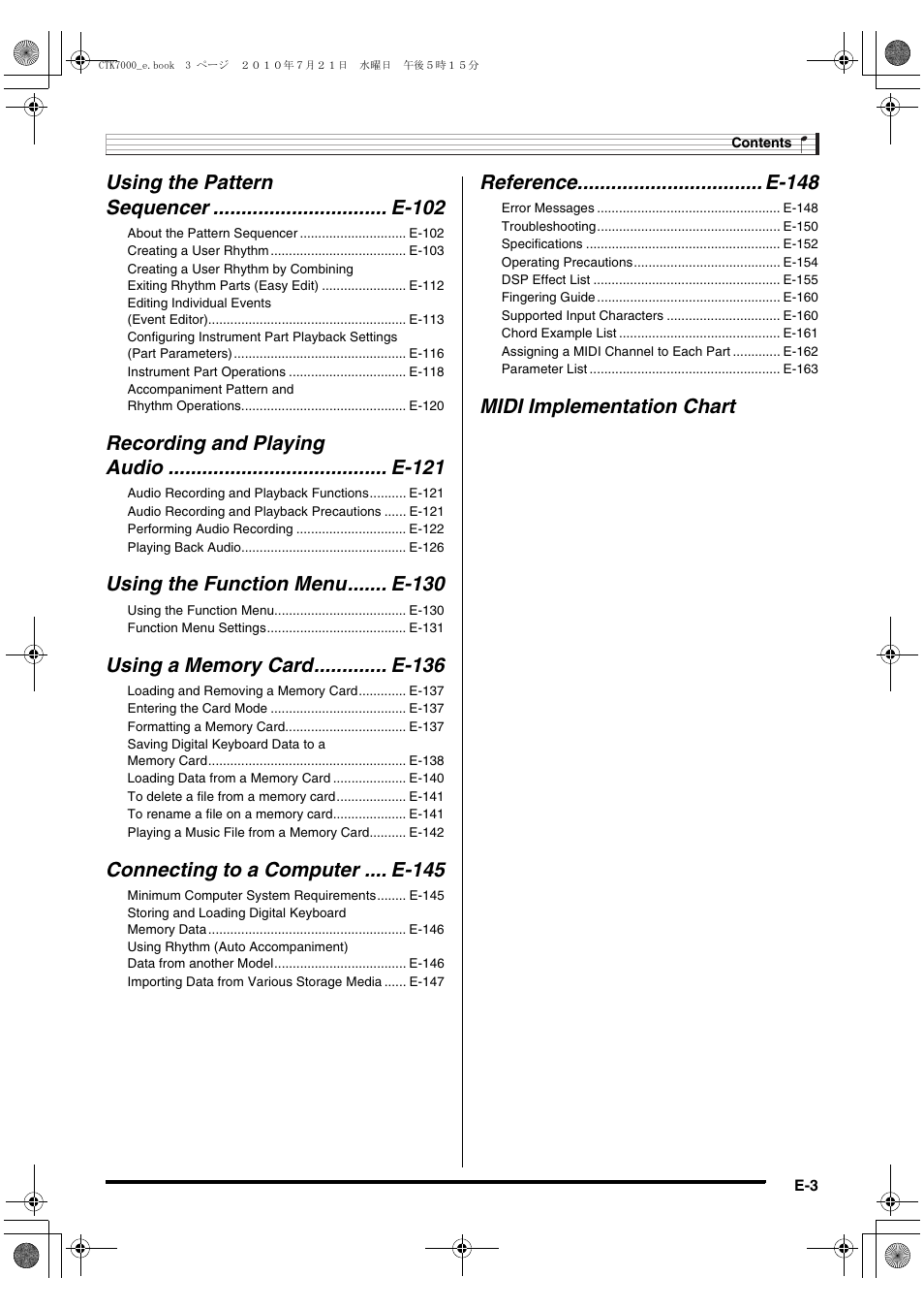 Using the function menu....... e-130, Connecting to a computer .... e-145, Reference................................. e-148 | Midi implementation chart | Casio WK7500E1A User Manual | Page 5 / 168