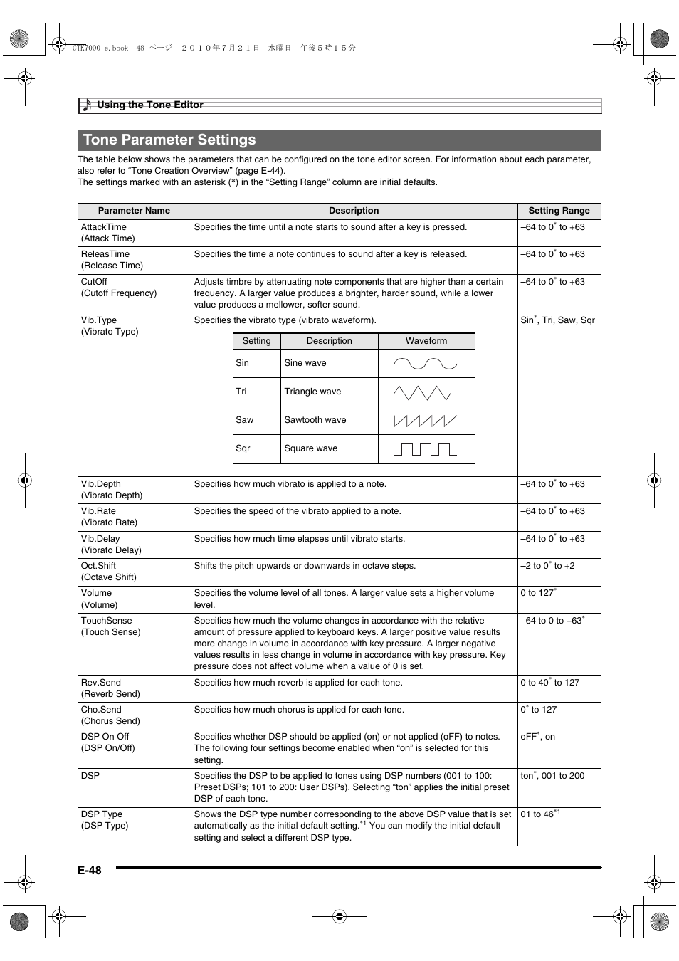 Tone parameter settings, E-48 | Casio WK7500E1A User Manual | Page 50 / 168
