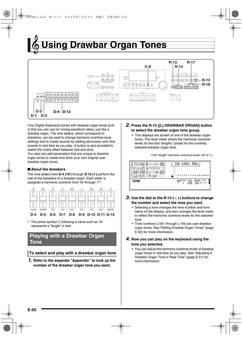 Using drawbar organ tones, Playing with a drawbar organ tone | Casio WK7500E1A User Manual | Page 52 / 168