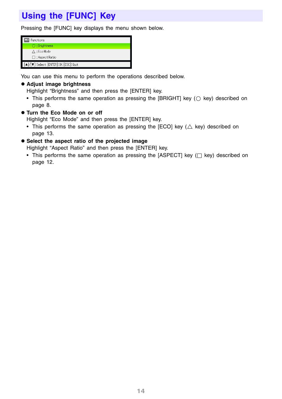 Using the [func] key | Casio XJ-S43W User Manual | Page 14 / 55