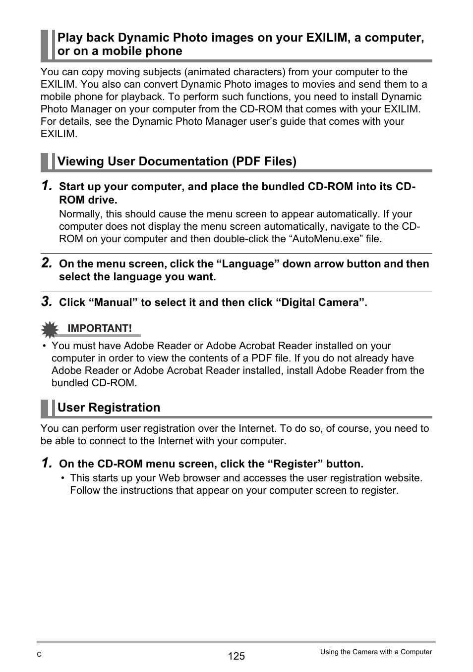 Viewing user documentation (pdf files), User registration, Ge 125) | Casio EX-H10 User Manual | Page 125 / 189