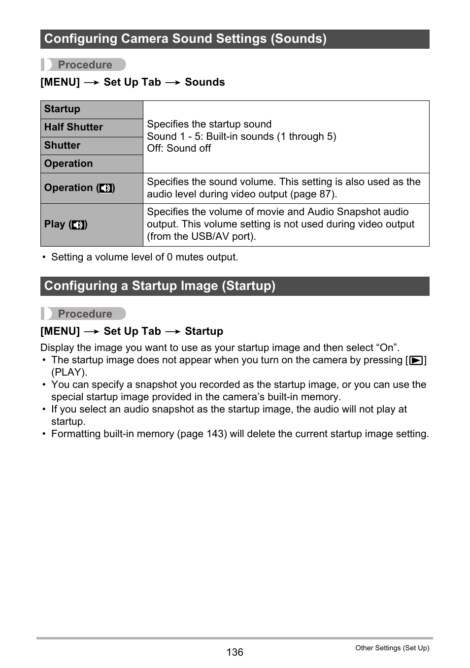 Configuring camera sound settings (sounds), Configuring a startup image (startup) | Casio EX-H10 User Manual | Page 136 / 189