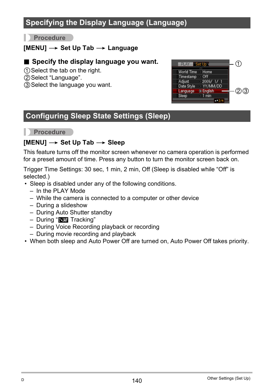 Specifying the display language (language), Configuring sleep state settings (sleep), E 140). n | Ge 140) | Casio EX-H10 User Manual | Page 140 / 189