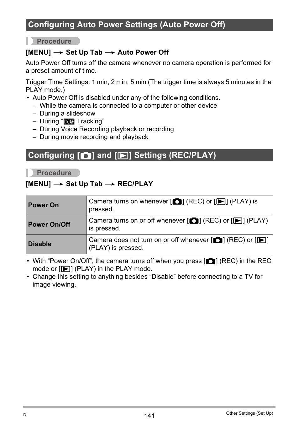 Configuring auto power settings (auto power off), Configuring [_] and [>] settings (rec/play) | Casio EX-H10 User Manual | Page 141 / 189