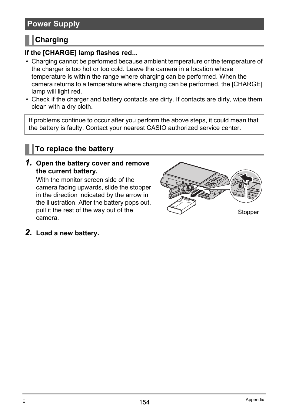 Power supply, Charging, To replace the battery | Casio EX-H10 User Manual | Page 154 / 189