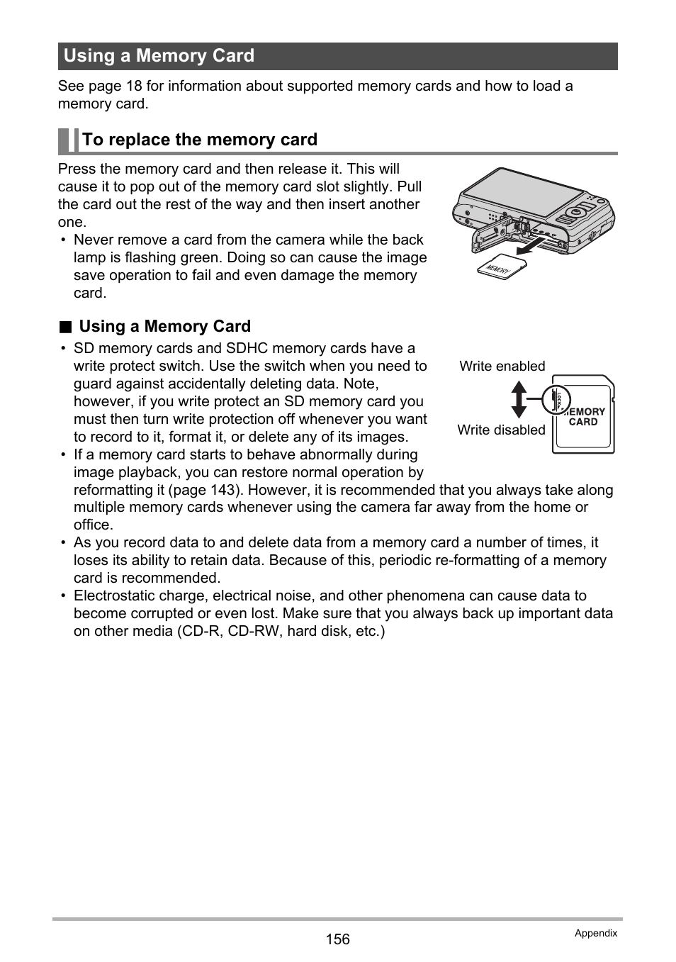 Using a memory card, To replace the memory card | Casio EX-H10 User Manual | Page 156 / 189