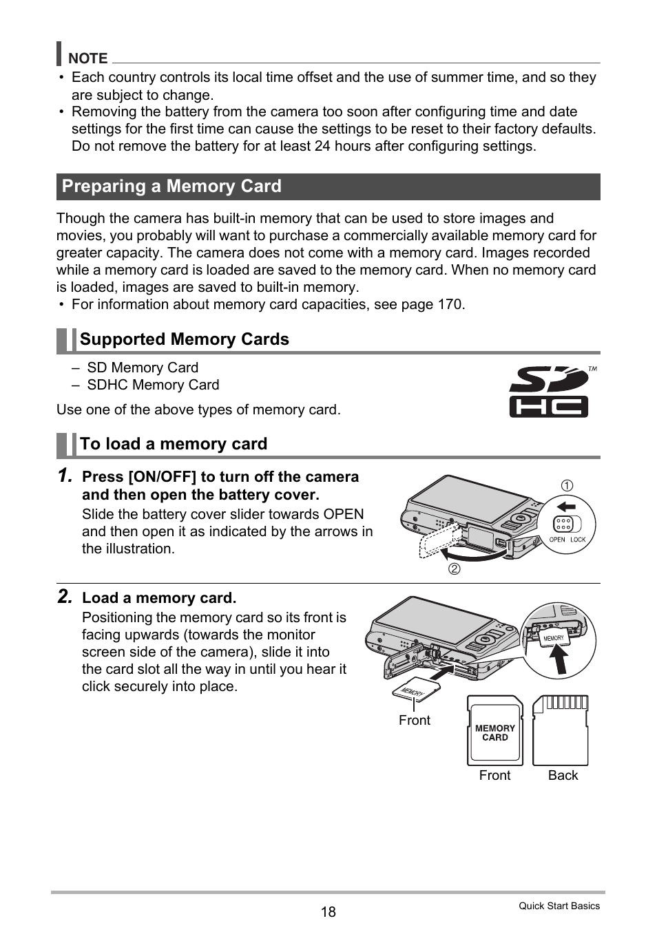 Preparing a memory card, Supported memory cards, To load a memory card | Casio EX-H10 User Manual | Page 18 / 189