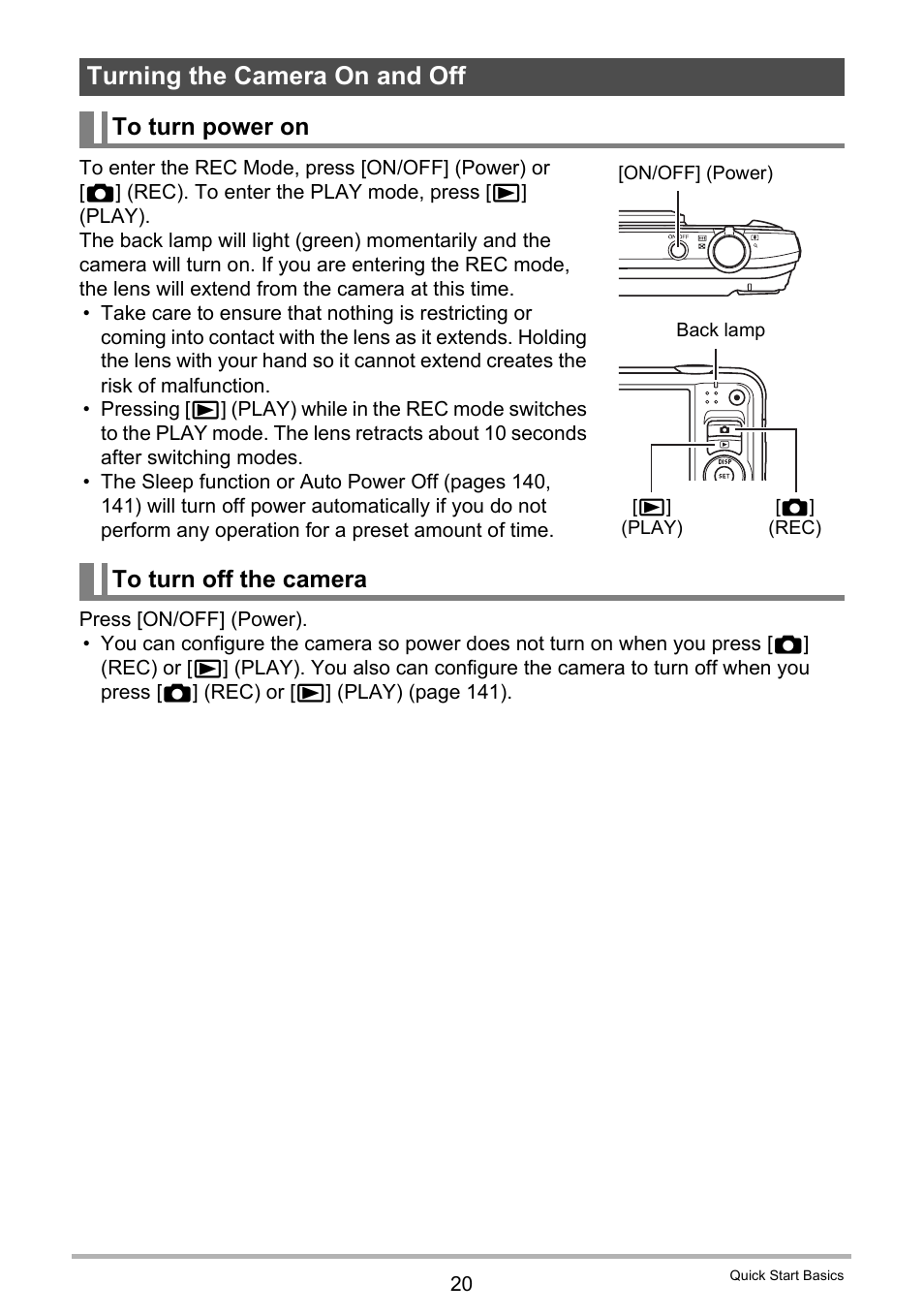 Turning the camera on and off, To turn power on, To turn off the camera | Casio EX-H10 User Manual | Page 20 / 189