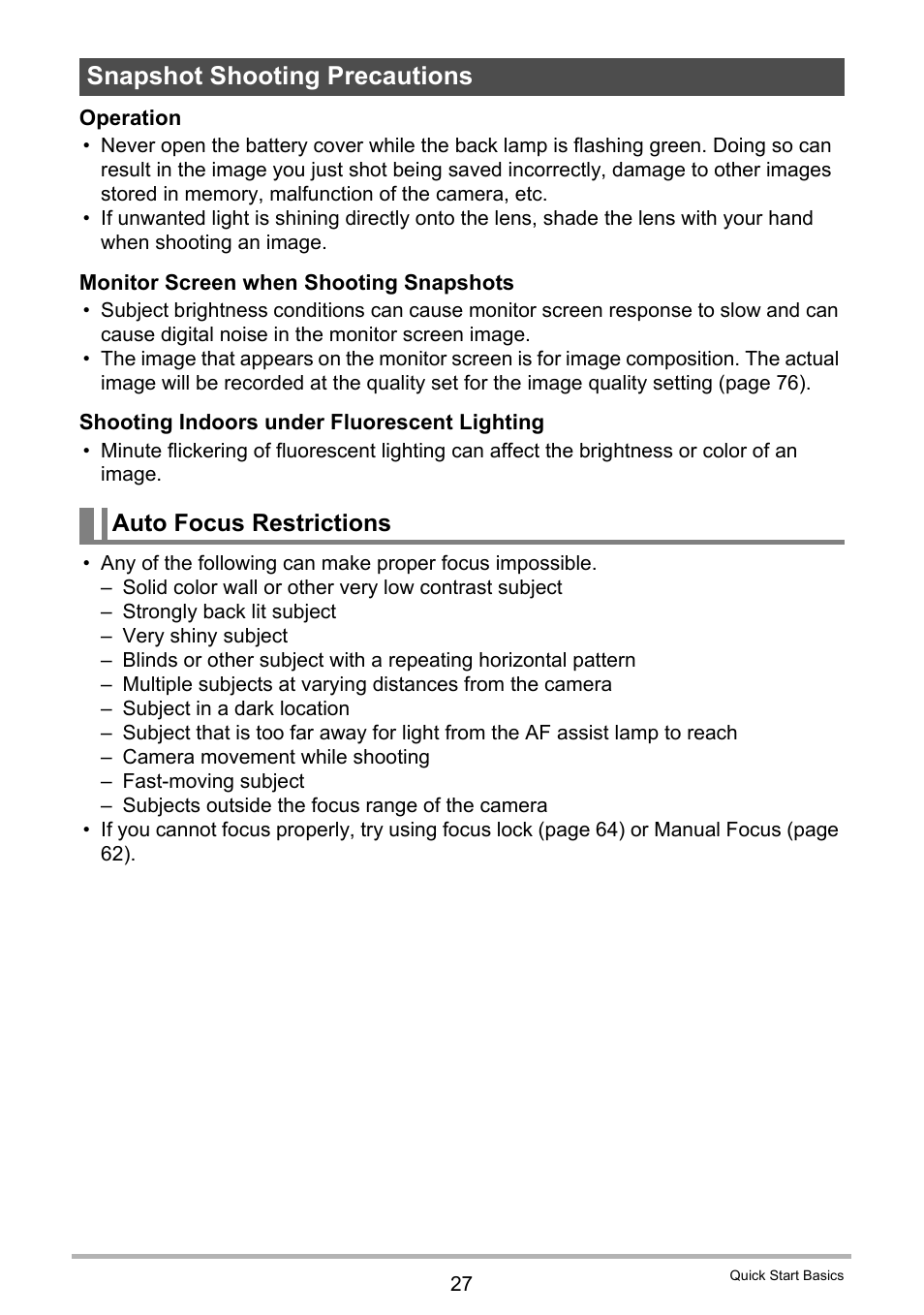 Snapshot shooting precautions, Auto focus restrictions | Casio EX-H10 User Manual | Page 27 / 189