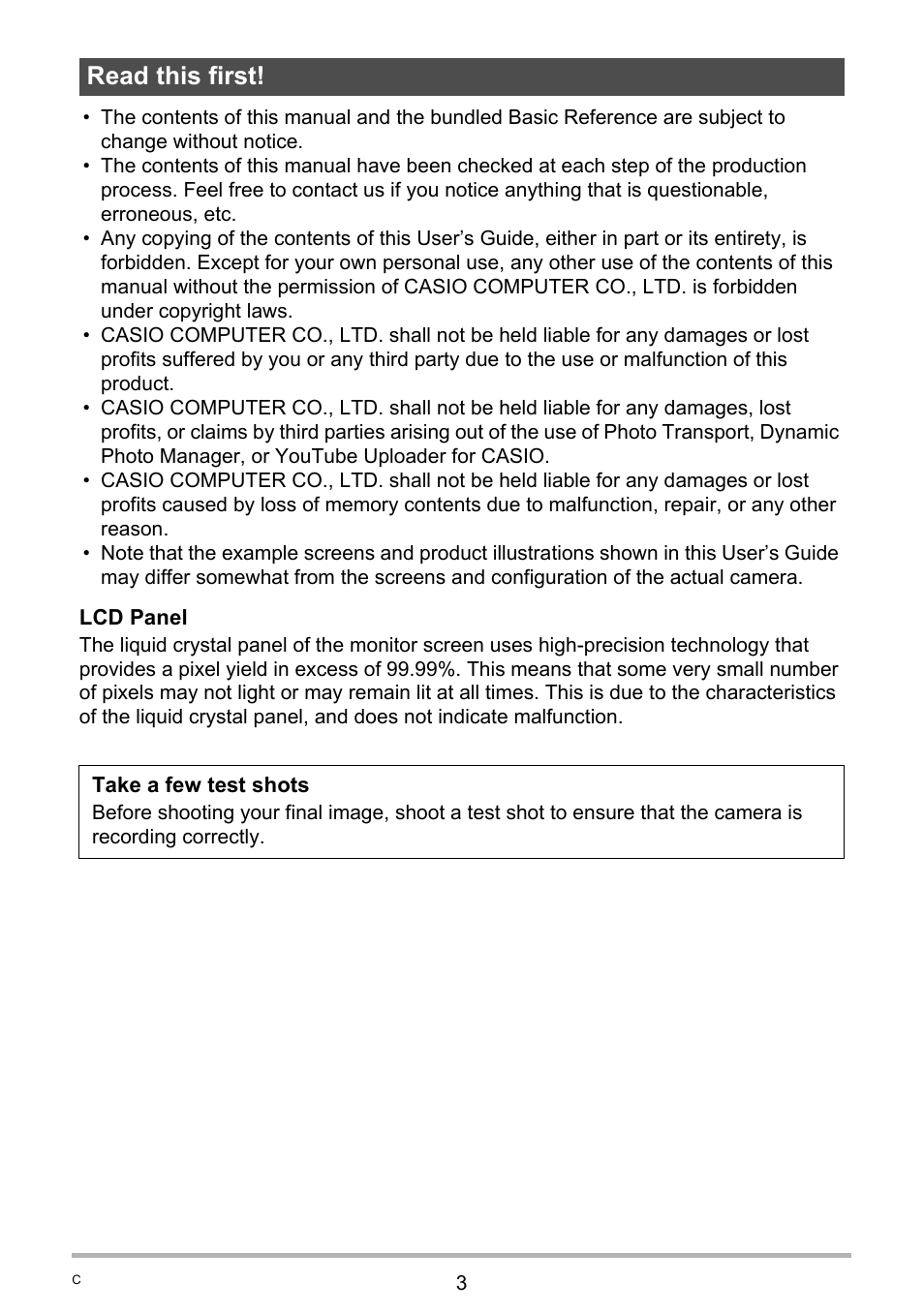 Read this first | Casio EX-H10 User Manual | Page 3 / 189