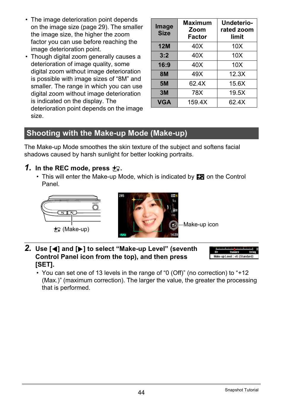Shooting with the make-up mode (make-up) | Casio EX-H10 User Manual | Page 44 / 189