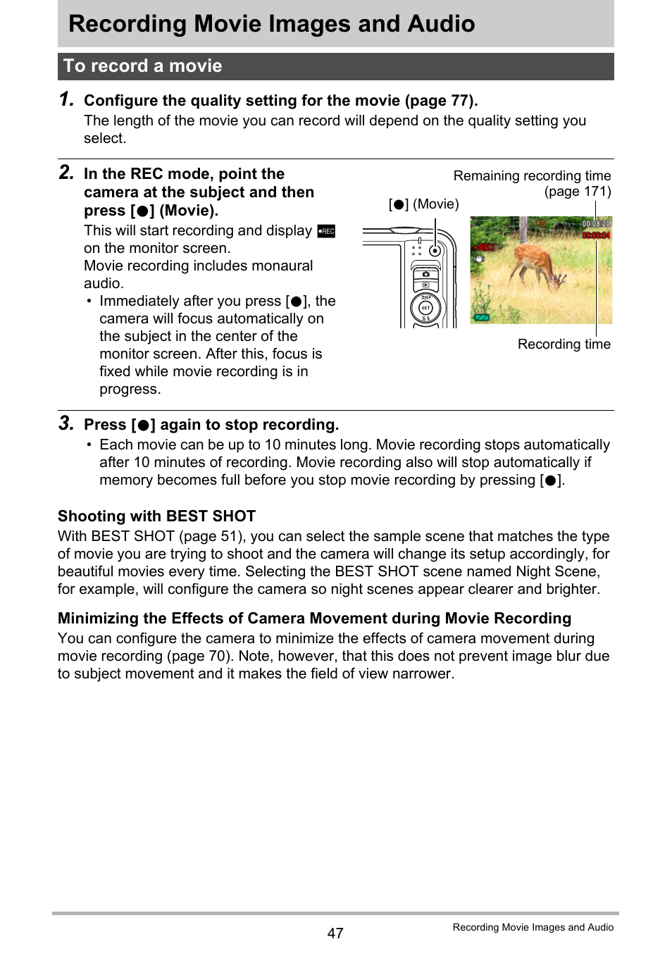 Recording movie images and audio, To record a movie | Casio EX-H10 User Manual | Page 47 / 189